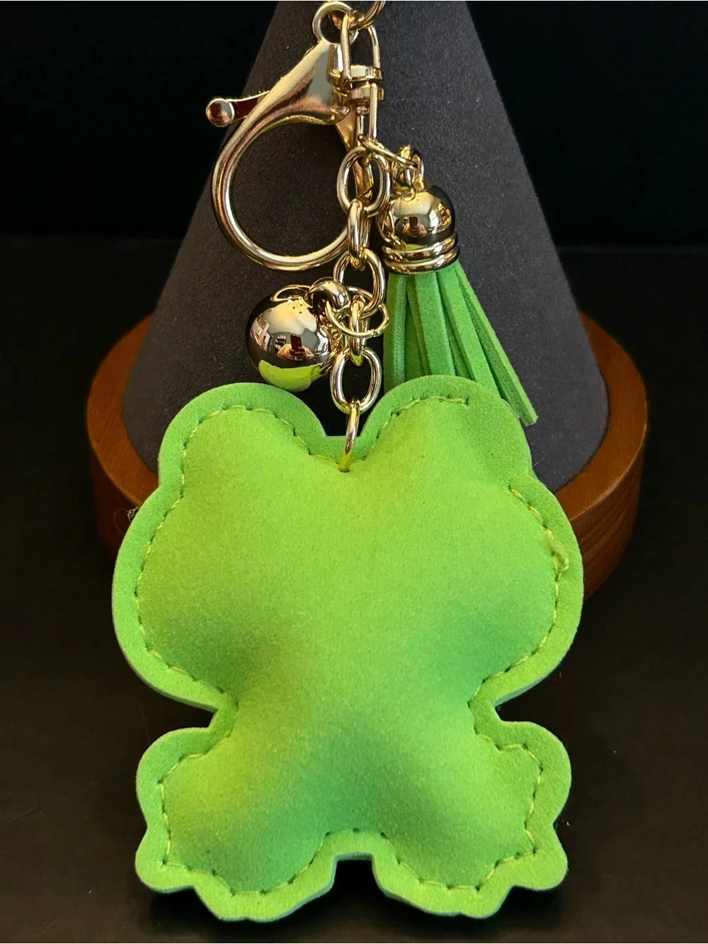 PREMIUM Puffy Green Rhinestone Frog Bag Charm Keychain w/Tassel & Gold Hardware